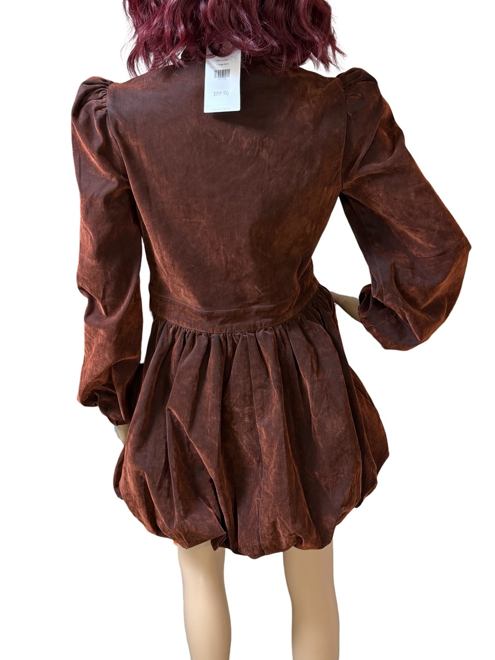 AKIRA NWT Sz S Brown Velvet Denim Long Sleeve Flare Bubbly Mini Dress (0779) - Picture 10 of 16